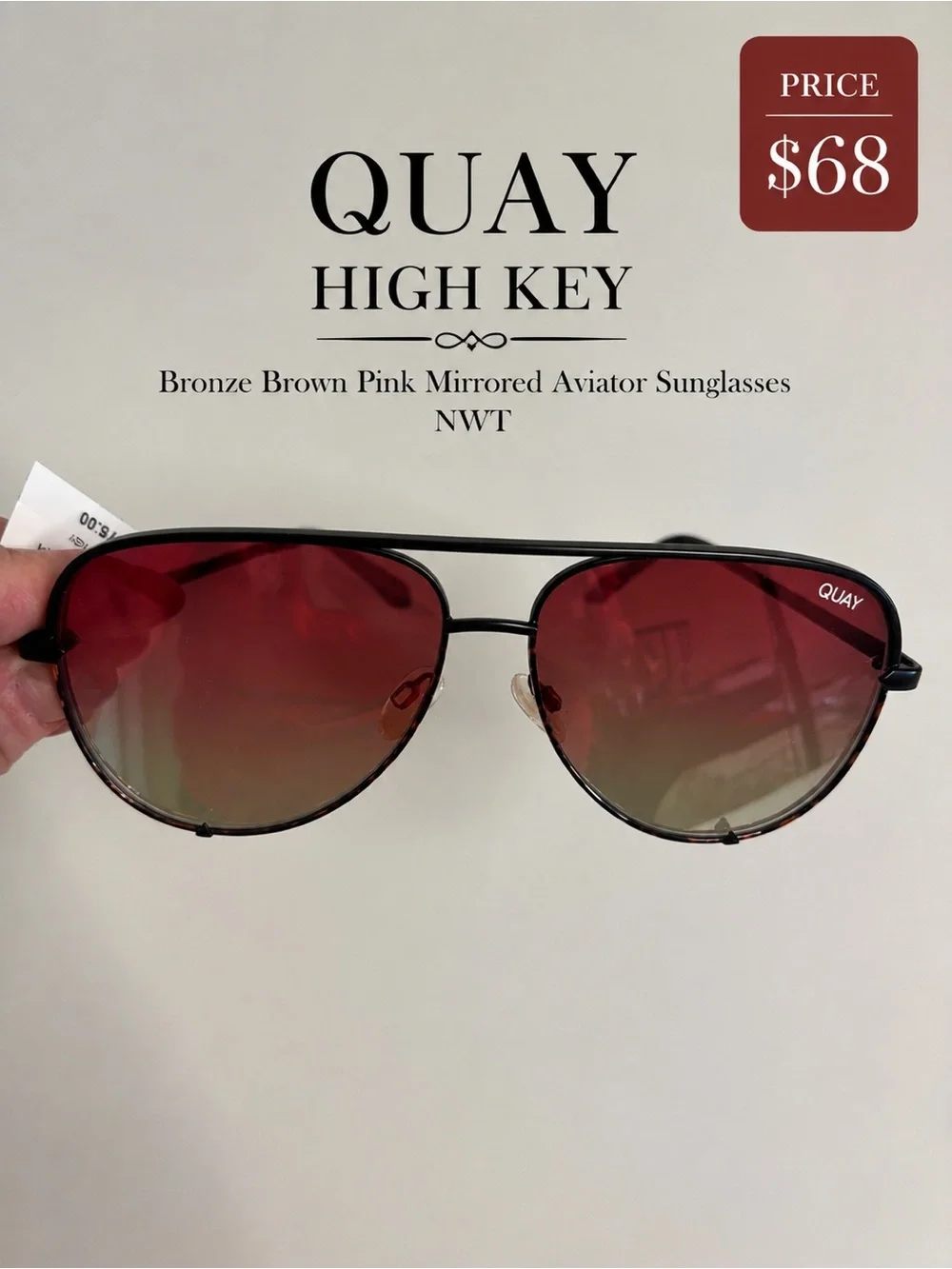 Quay High Key Aviator Sunglasses Bronze Brown Pink Mirrored NWT